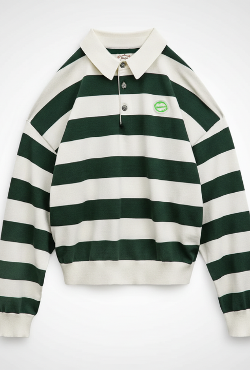 Maden Retro Classic White and Green Color Blocking Striped Polo Shirt for Women Autumn Long-sleeved T-shirt Loose Casual Tops