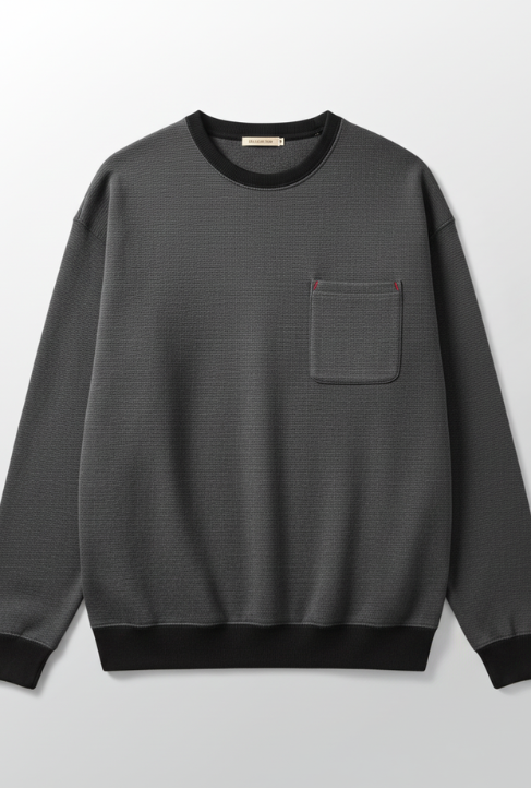 Maden Casual Waffle Knit Pocket Hoodie Men's Spring Loose Fit Long Sleeve Pullover Round Neck Sweatshirt Comfortable T-Shirt