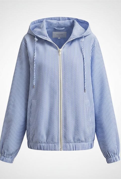 Maden Casual Blue White Striped Hooded Shirt Women's Spring Seersucker Vacation Style Blouse Lightweight Layering Beach Shirts