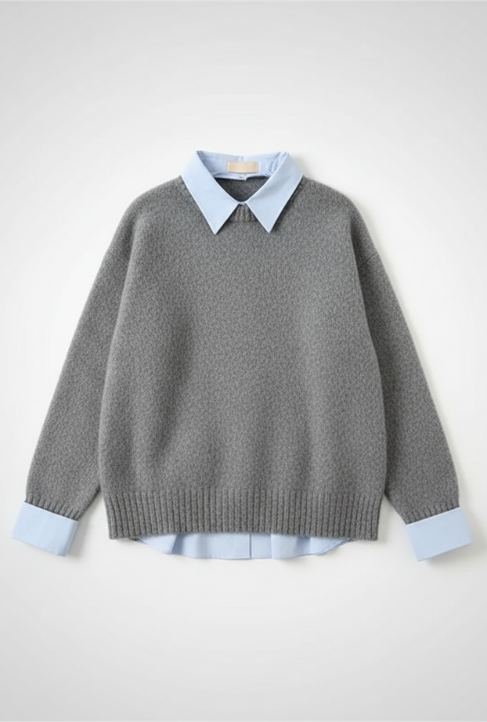Fake Two shirts Collar Sweater Women's Autumn Outfit New Lazy Linterior Contrasting Color Gray Knit Sweater Top With Flip Collar