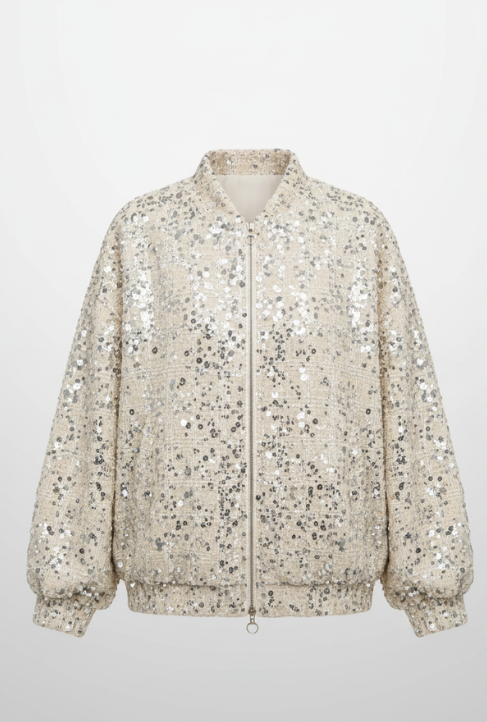 Sparkly Women's Loose Fit Sequin Jacket Coat Stand Collar Zip-Up Silver Cropped Outerwears Chic Autumn Casual Daily Streetwear