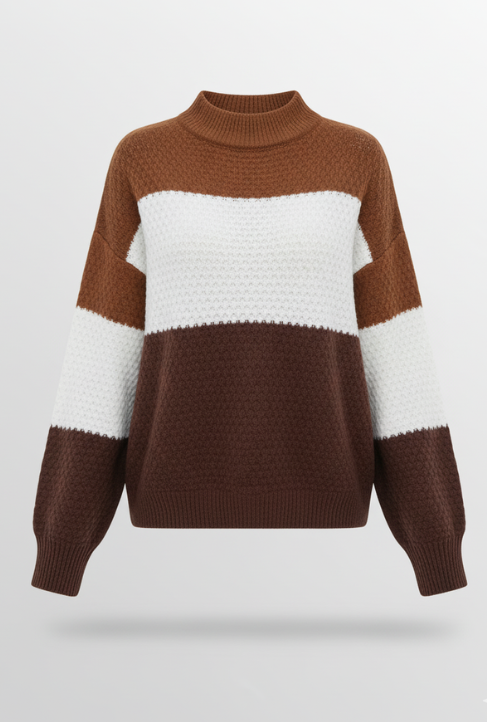 2025 Winter Solid Patchwork Knitted Sweater Women Long Sleeve Loose Pullover Autumn Lady Half High Collar Casual Warm Jumper
