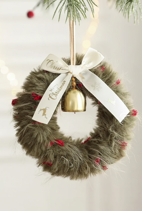 New Plush Christmas Atmosphere Wreath Pendant Ribbon Bow Bell Christmas Decoration Hanging Window Decoration Accessories
