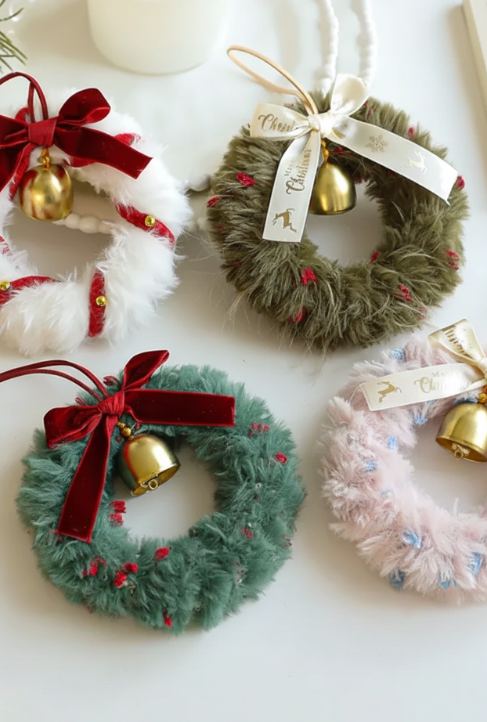 New Plush Christmas Atmosphere Wreath Pendant Ribbon Bow Bell Christmas Decoration Hanging Window Decoration Accessories