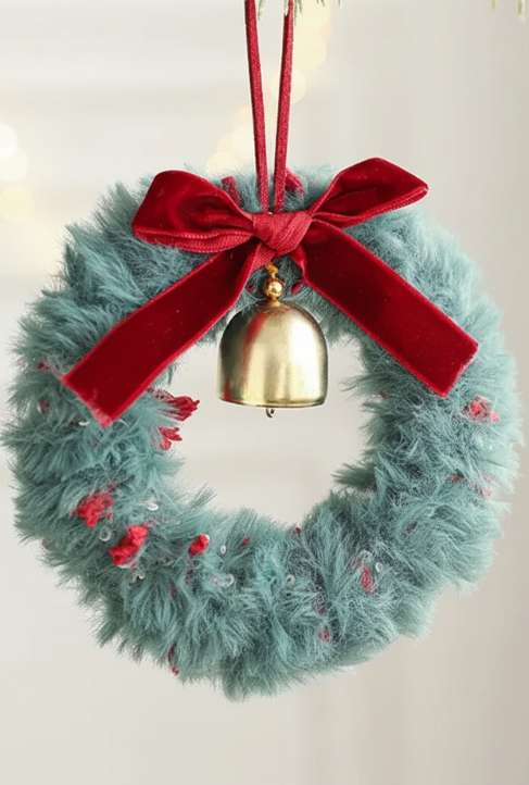 New Plush Christmas Atmosphere Wreath Pendant Ribbon Bow Bell Christmas Decoration Hanging Window Decoration Accessories