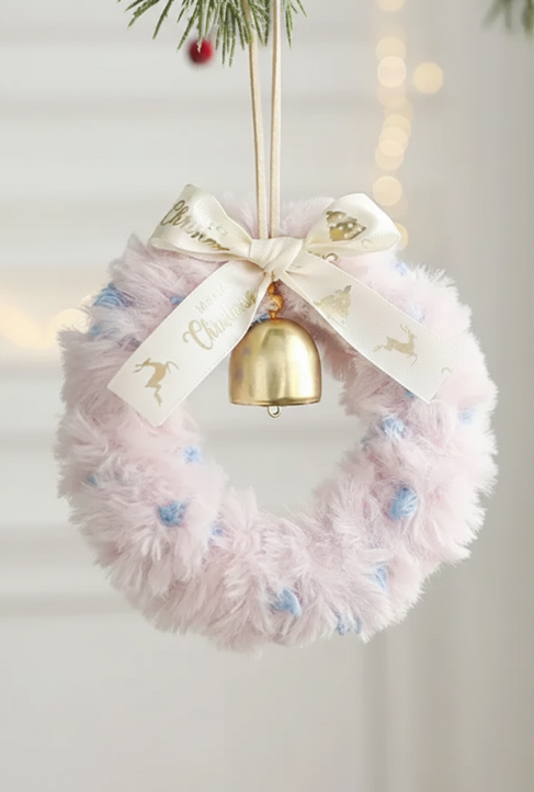 New Plush Christmas Atmosphere Wreath Pendant Ribbon Bow Bell Christmas Decoration Hanging Window Decoration Accessories