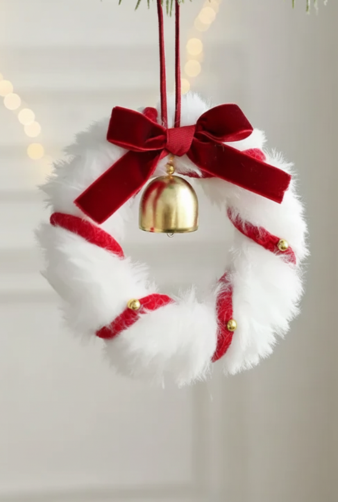 New Plush Christmas Atmosphere Wreath Pendant Ribbon Bow Bell Christmas Decoration Hanging Window Decoration Accessories