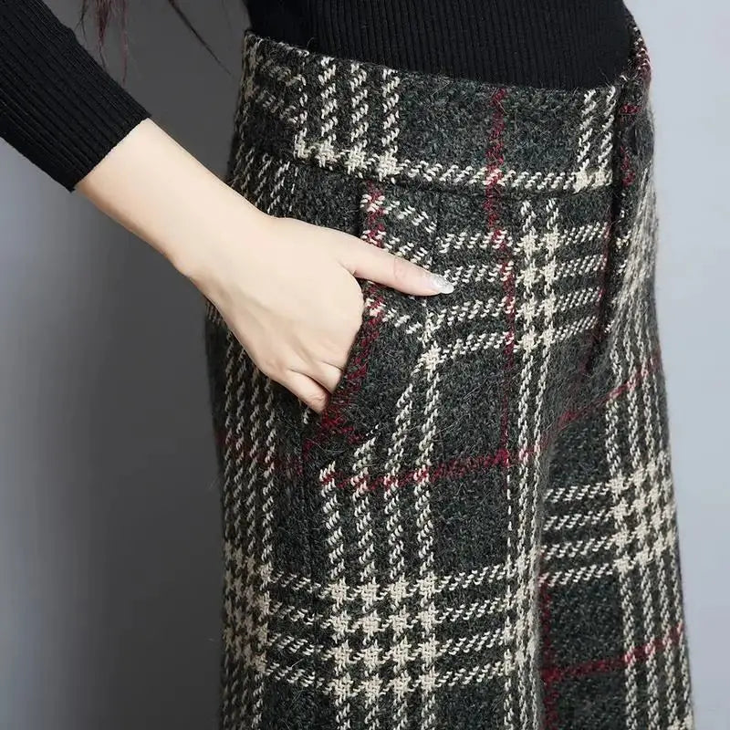 2021Women Autumn Fashion Plaid Woolen Wide-leg Pants Ankle-length Trousers Winter New Thick Skirt Trousers High waist pants A713