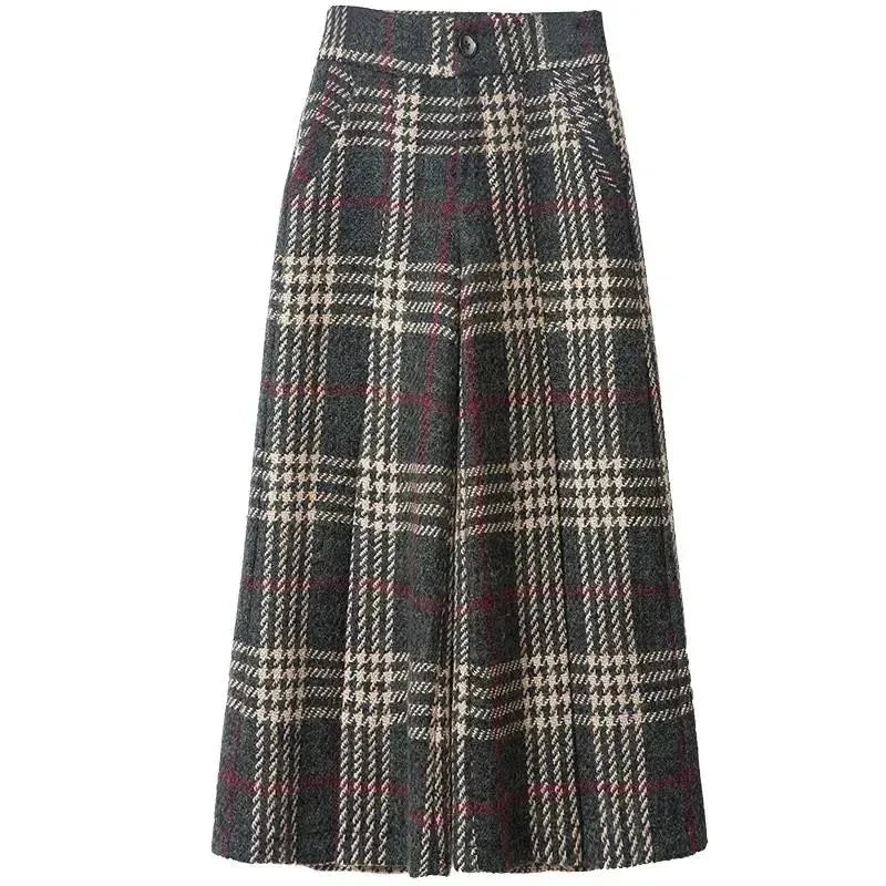 2021Women Autumn Fashion Plaid Woolen Wide-leg Pants Ankle-length Trousers Winter New Thick Skirt Trousers High waist pants A713