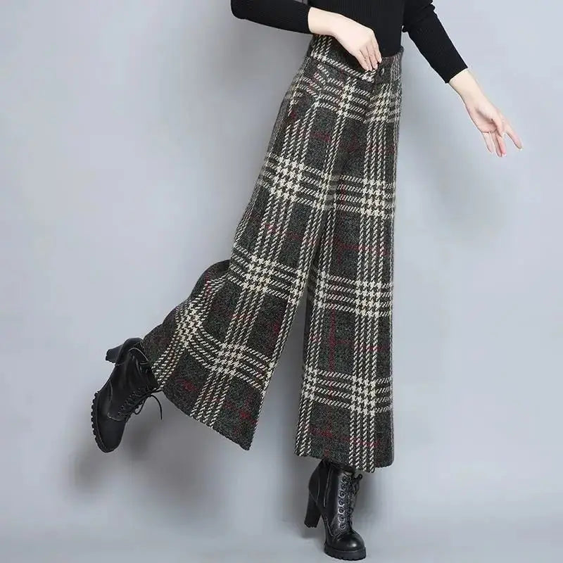 2021Women Autumn Fashion Plaid Woolen Wide-leg Pants Ankle-length Trousers Winter New Thick Skirt Trousers High waist pants A713