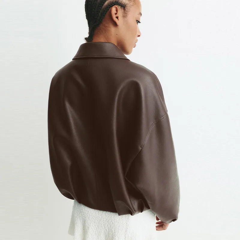 ﻿ Women's Fashion Lapel PU Leather Jacket Loose Full Sleeve Zipper Waist Belt Lace Up Coats 2025 Autumn Lady Casual Streetwear