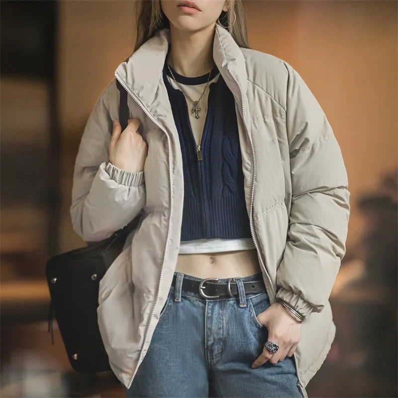 Maden Women Down Jacket Autumn Winter 90% White Duck Down Thickened and Warm Stand Collar Outerwear Coat Windproof Jacket