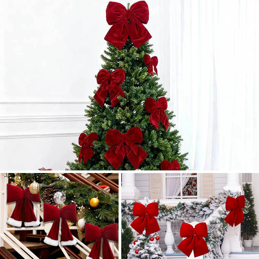 Christmas Red Velvet Bows Xmas Tree Ornaments for Christmas Home Decorations Wreath Stairs Railing Decors New Year Gift Supplies