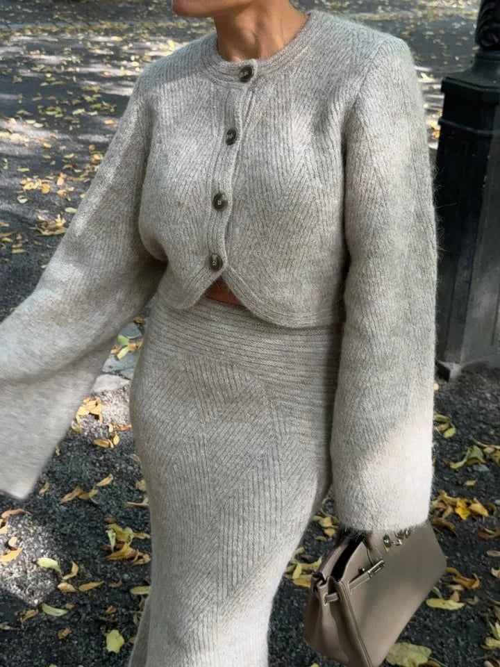 Women Casual Single Breasted Skirt Suit Long Sleeves Round Neck Solid Knitted Cardigan Set Daily Fashion Autumn Commute Dresses