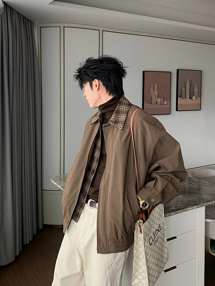 2025 New Plaid Lapel Fake Two-piece Zipper Jacket Men's High Street Fashion Outerwear Coats American Retro Y2K jaqueta masculina