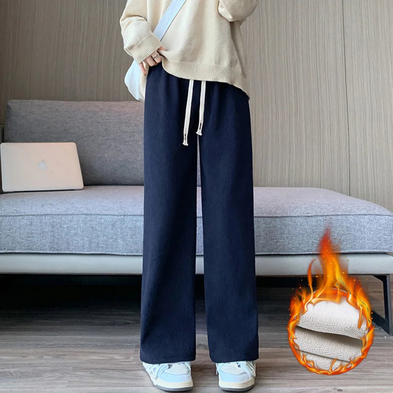 Winter Women Fleece Wide Leg Long Pants Thicken Warm Winter Stright Long Elastic Waist Trousers Casual Loose Female Botton Pants