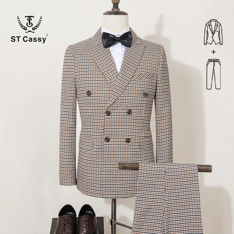ST Cassy Fashionable Plaid suit High-end Brand Business Slim Fit Casual Party Dress Male Groom Wedding Blazers Double Breasted