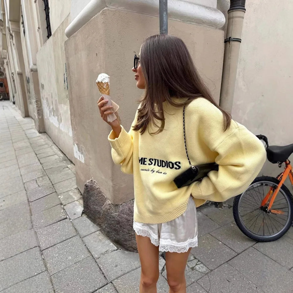 Women Yellow Full Sleeve Round Neck Loose Top Casual Knitted Pleated Short Sweaters New Autumn Lady Daily Street Commute Outfits