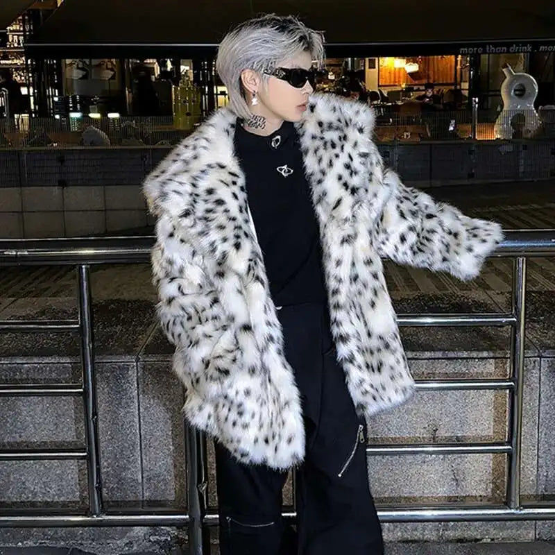 LUZHEN Leopard Print Niche Imitation Fur Tops Turn-down Collar Personalized Functional Warm Coat Elegance Trendy Male LZ7986