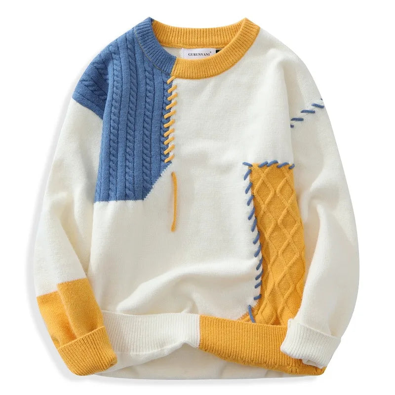 2025 Fall Winter Warm Men Sweaters Korean Style Patchwork Pullovers Round Neck Knitted Sweater Men Women Fashion Knitwear