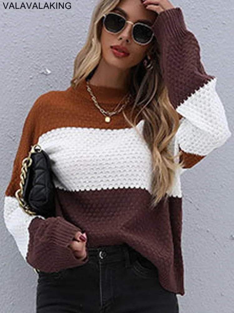 2025 Winter Solid Patchwork Knitted Sweater Women Long Sleeve Loose Pullover Autumn Lady Half High Collar Casual Warm Jumper