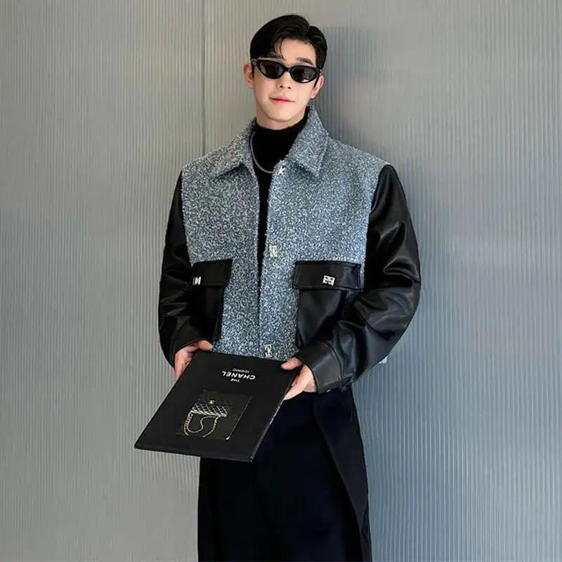 LUZHEN Spring Fabric Short Fashion Jackets Patchwork Faux Leather Color Contrast Trendy Casual Outerwear Male Clothes LZ6326