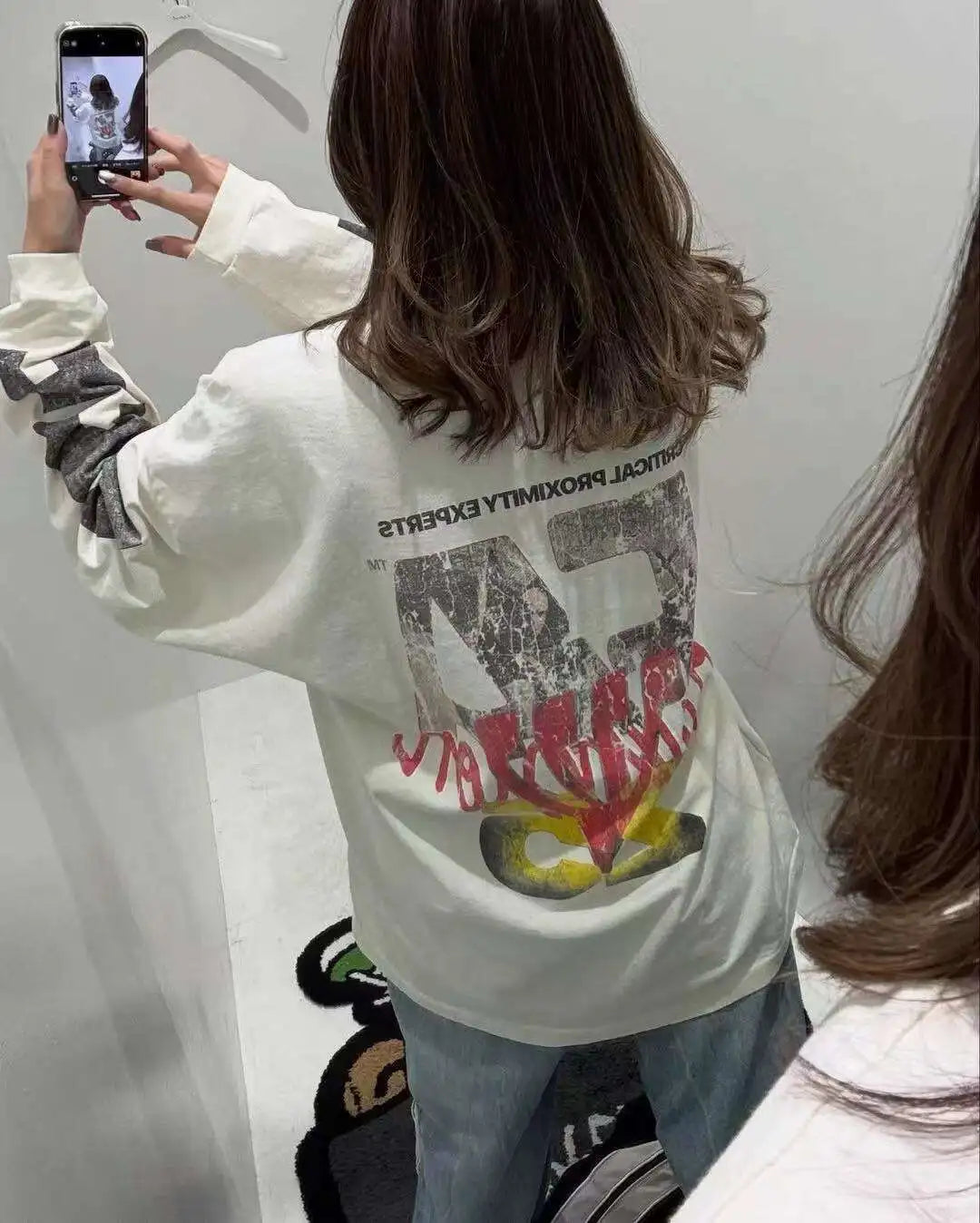 Autumn/Winter RRR123 SS25 New Washed Graffiti Printed Long Sleeve Vintage High Street Casual Loose Cotton Round Neck T-shirt