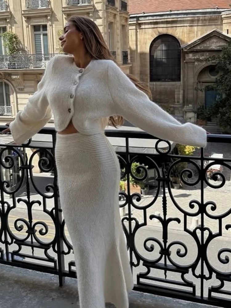 Women Casual Single Breasted Skirt Suit Long Sleeves Round Neck Solid Knitted Cardigan Set Daily Fashion Autumn Commute Dresses