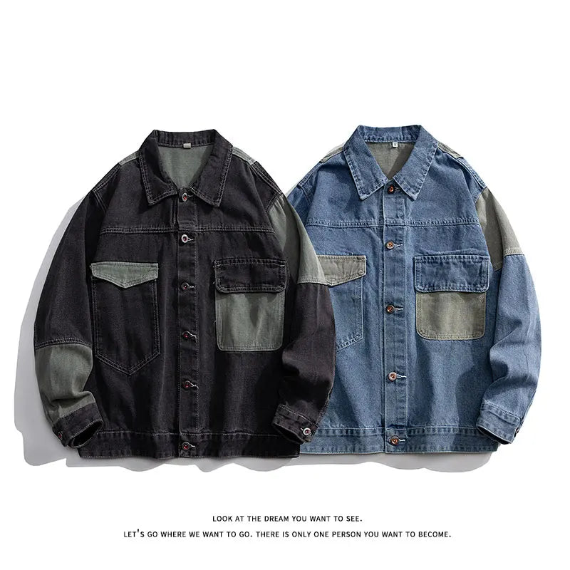 Men's Denim Jacket Oversize Spliced Color Blocking Spring Autumn Jacket Hip Hop Menswear Japanese Style Male Jeans Jacket