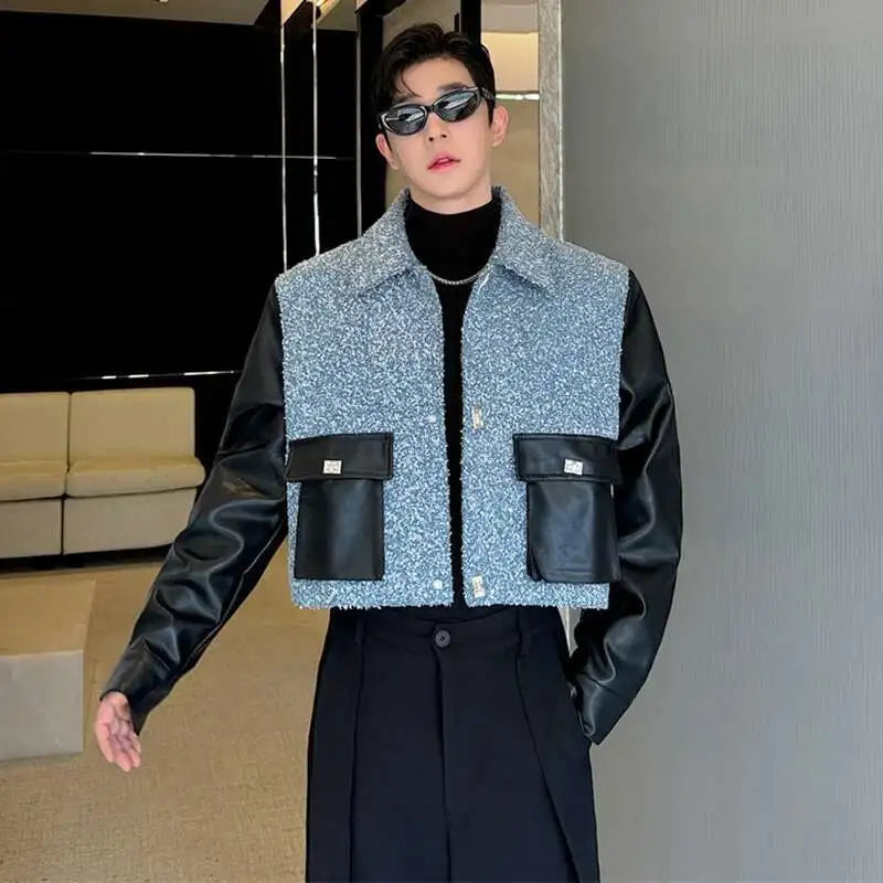 LUZHEN Spring Fabric Short Fashion Jackets Patchwork Faux Leather Color Contrast Trendy Casual Outerwear Male Clothes LZ6326
