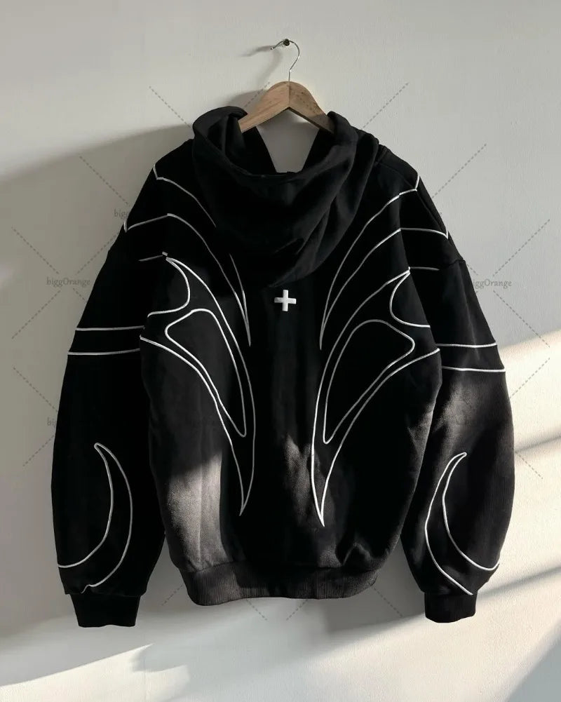 Striped splicing embroidery oversized hoodie American new clothing high street trend brand double zipper black zipper sweatshirt