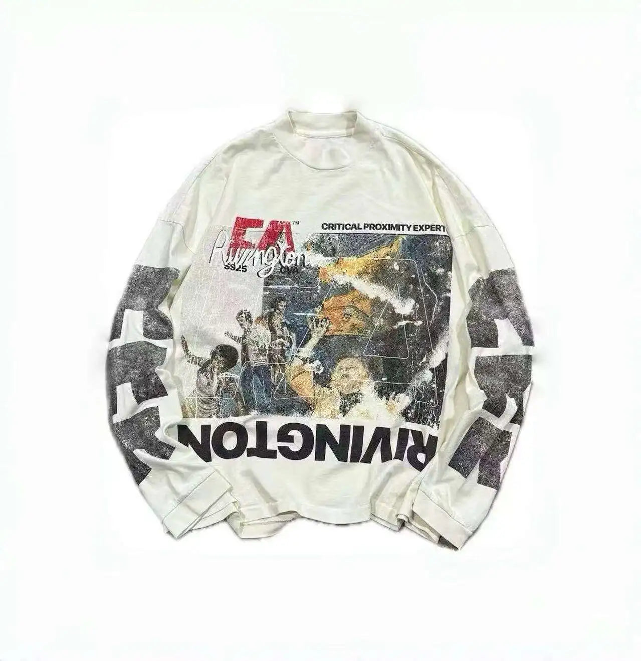 Autumn/Winter RRR123 SS25 New Washed Graffiti Printed Long Sleeve Vintage High Street Casual Loose Cotton Round Neck T-shirt