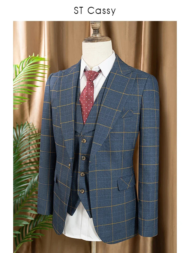 ST Cassy high quality 3 Piece Checkered Suit Set dark blue Stylish Business Office Wedding Formal Outfit Elegant full man suit