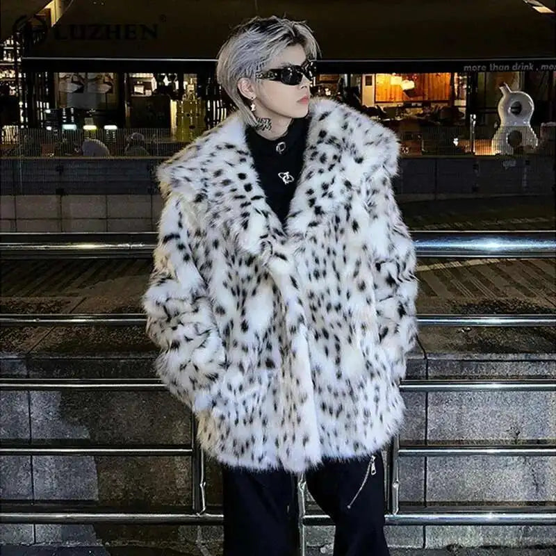 LUZHEN Leopard Print Niche Imitation Fur Tops Turn-down Collar Personalized Functional Warm Coat Elegance Trendy Male LZ7986