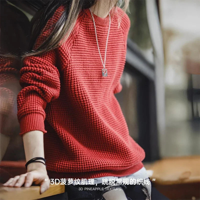 Maden Women’s Knitted Sweater Pineapple Texture Loose Thickened Pullover Knitwear Raglan Sleeve Green Autumn Winter Tops