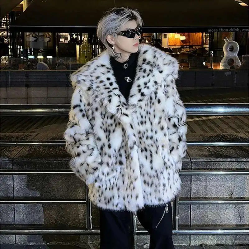 LUZHEN Leopard Print Niche Imitation Fur Tops Turn-down Collar Personalized Functional Warm Coat Elegance Trendy Male LZ7986