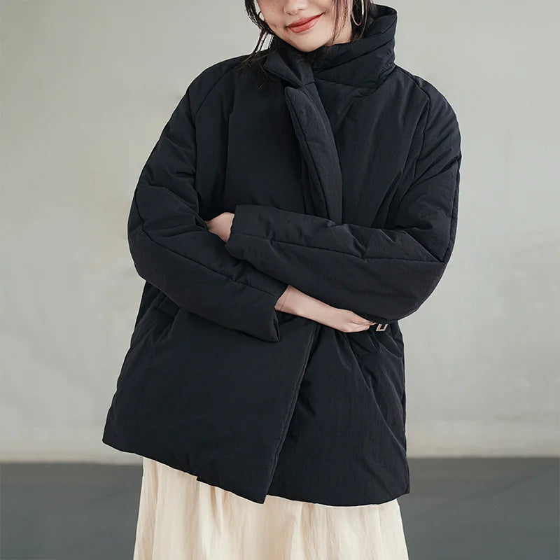 Maden Women's Cotton-padded Lapel Coat Loose Fit Warm Short Puffer Jacket Casual Commuter Black Korea Parkas Winter Outerwear