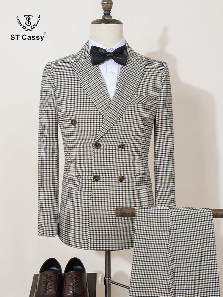 ST Cassy Fashionable Plaid suit High-end Brand Business Slim Fit Casual Party Dress Male Groom Wedding Blazers Double Breasted