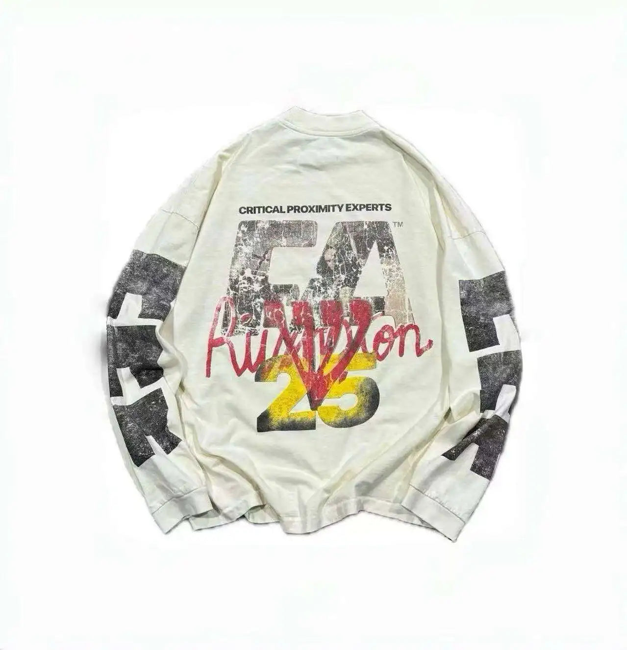 Autumn/Winter RRR123 SS25 New Washed Graffiti Printed Long Sleeve Vintage High Street Casual Loose Cotton Round Neck T-shirt