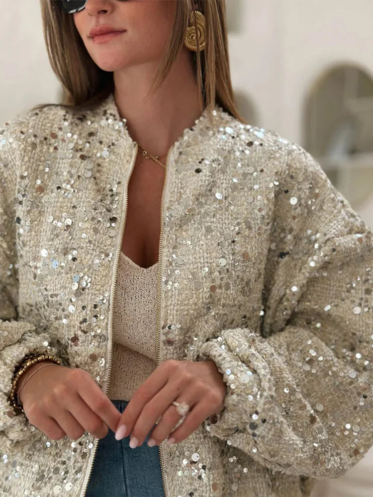 Sparkly Women's Loose Fit Sequin Jacket Coat Stand Collar Zip-Up Silver Cropped Outerwears Chic Autumn Casual Daily Streetwear