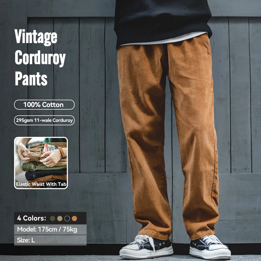 Maden Vintage Solid Color Corduroy Pants Straight Loose Casual Trousers with Elastic Waist and Pockets for Men's Autumn Winter