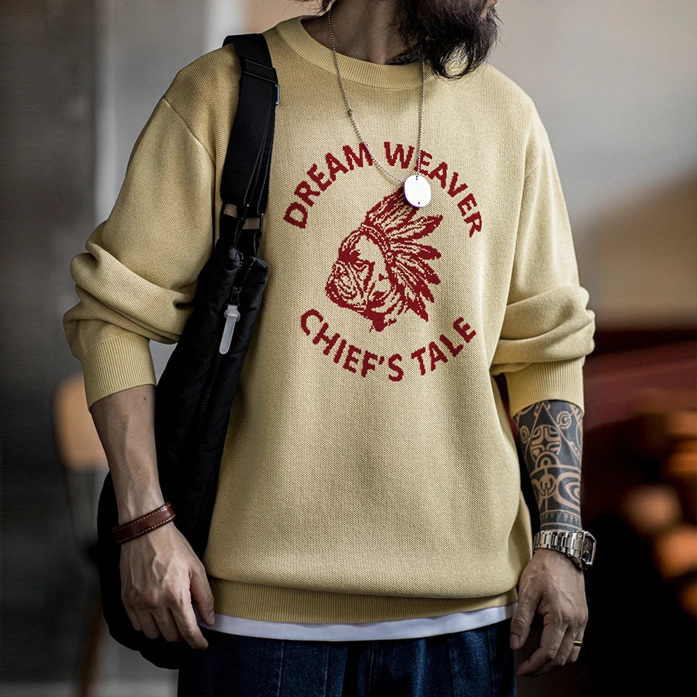Maden Retro Letter Knitted Pattern Sweater Round Neck Casual Pullover Warm Sweater for Men's Autumn and Winter Versatile Tops