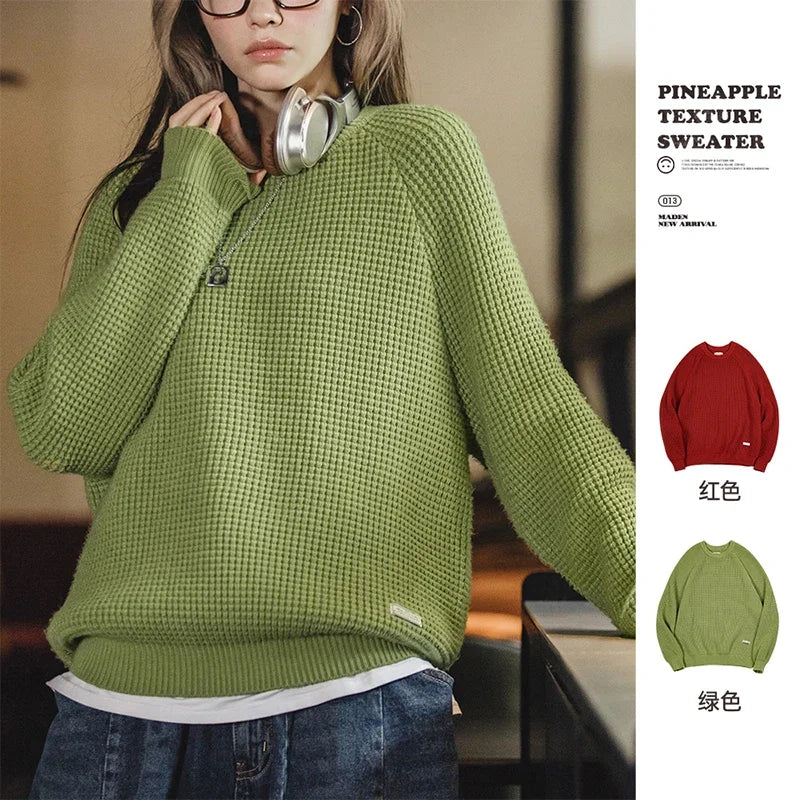 Maden Women’s Knitted Sweater Pineapple Texture Loose Thickened Pullover Knitwear Raglan Sleeve Green Autumn Winter Tops