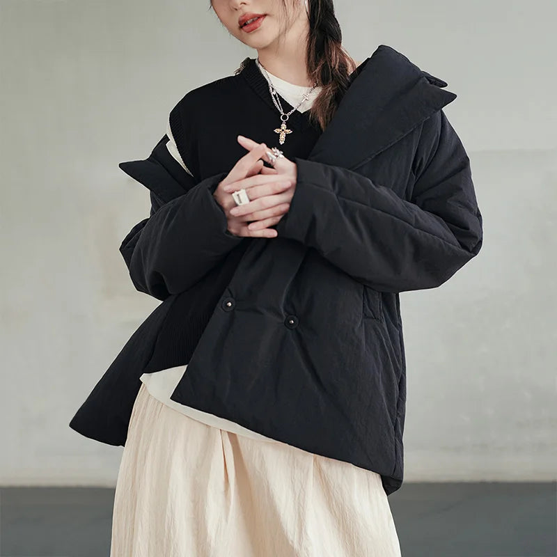 Maden Women's Cotton-padded Lapel Coat Loose Fit Warm Short Puffer Jacket Casual Commuter Black Korea Parkas Winter Outerwear