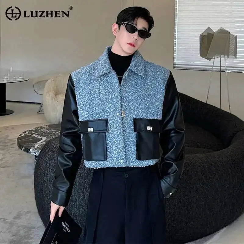 LUZHEN Spring Fabric Short Fashion Jackets Patchwork Faux Leather Color Contrast Trendy Casual Outerwear Male Clothes LZ6326