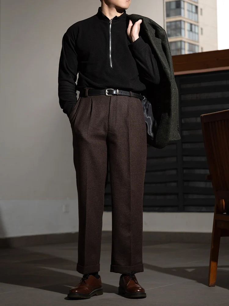 Textured cross-weave wool tweed casual pants Hollywood waist loose straight-leg long pants Vintage-style trousers Thick