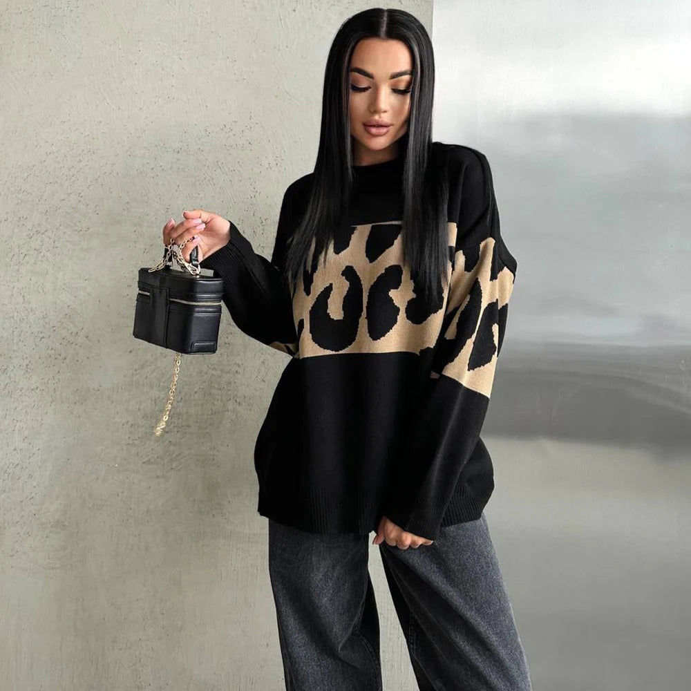 Autumn Winter Vintage Leopard Print Women's Sweater Loose Causal Oversized Knitwear Women Fashion Oneck Female Clothing 2024 New