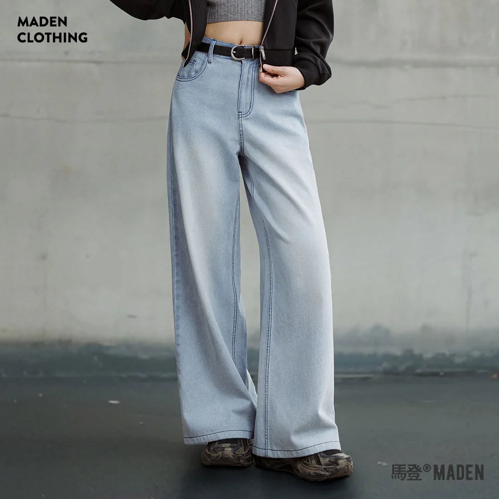 Maden Vintage Washed Blue Wide Leg Jeans for Women Loose Do Old Straight Leg Pants 10 OZ Cotton Breathable Lightweight Trousers