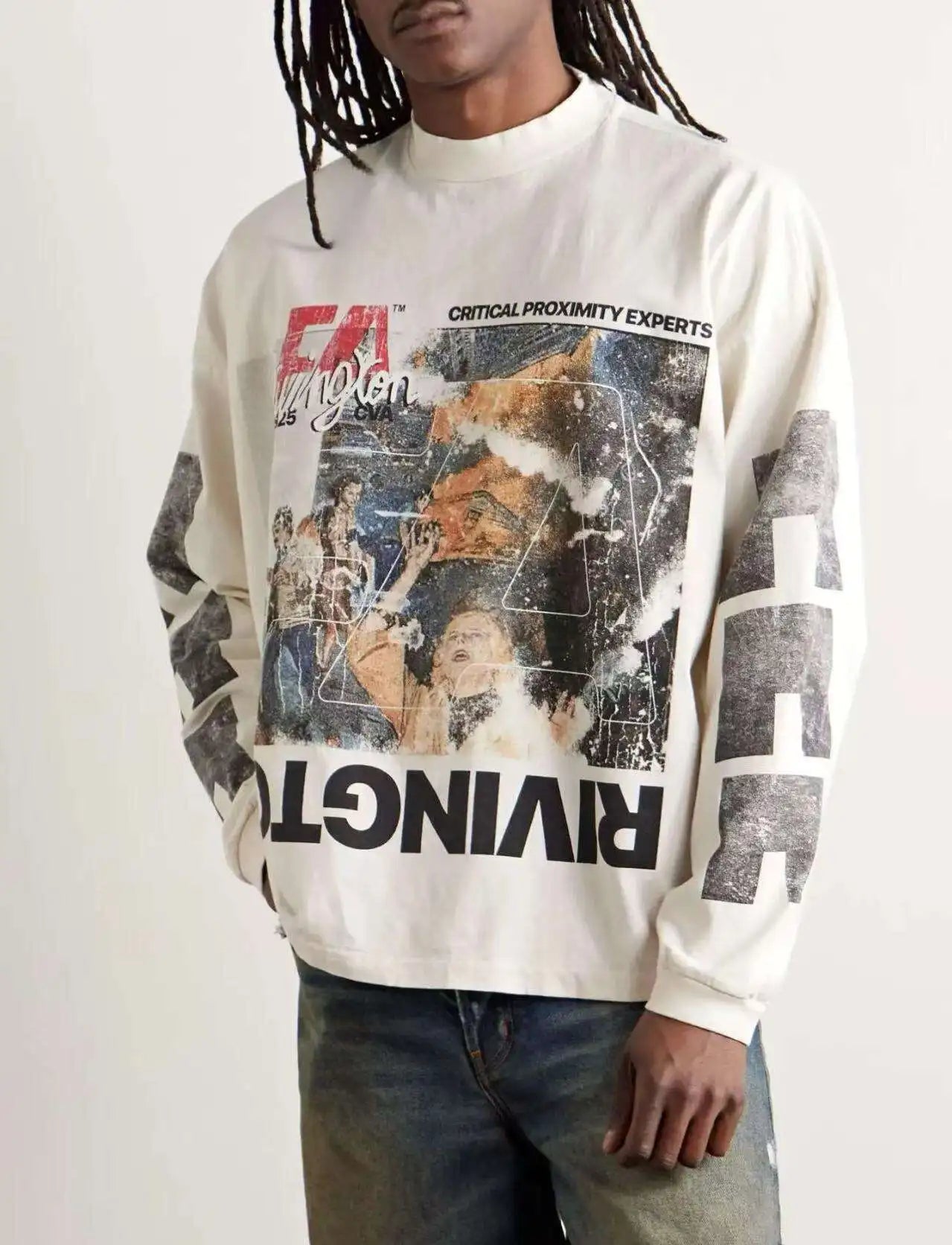 Autumn/Winter RRR123 SS25 New Washed Graffiti Printed Long Sleeve Vintage High Street Casual Loose Cotton Round Neck T-shirt