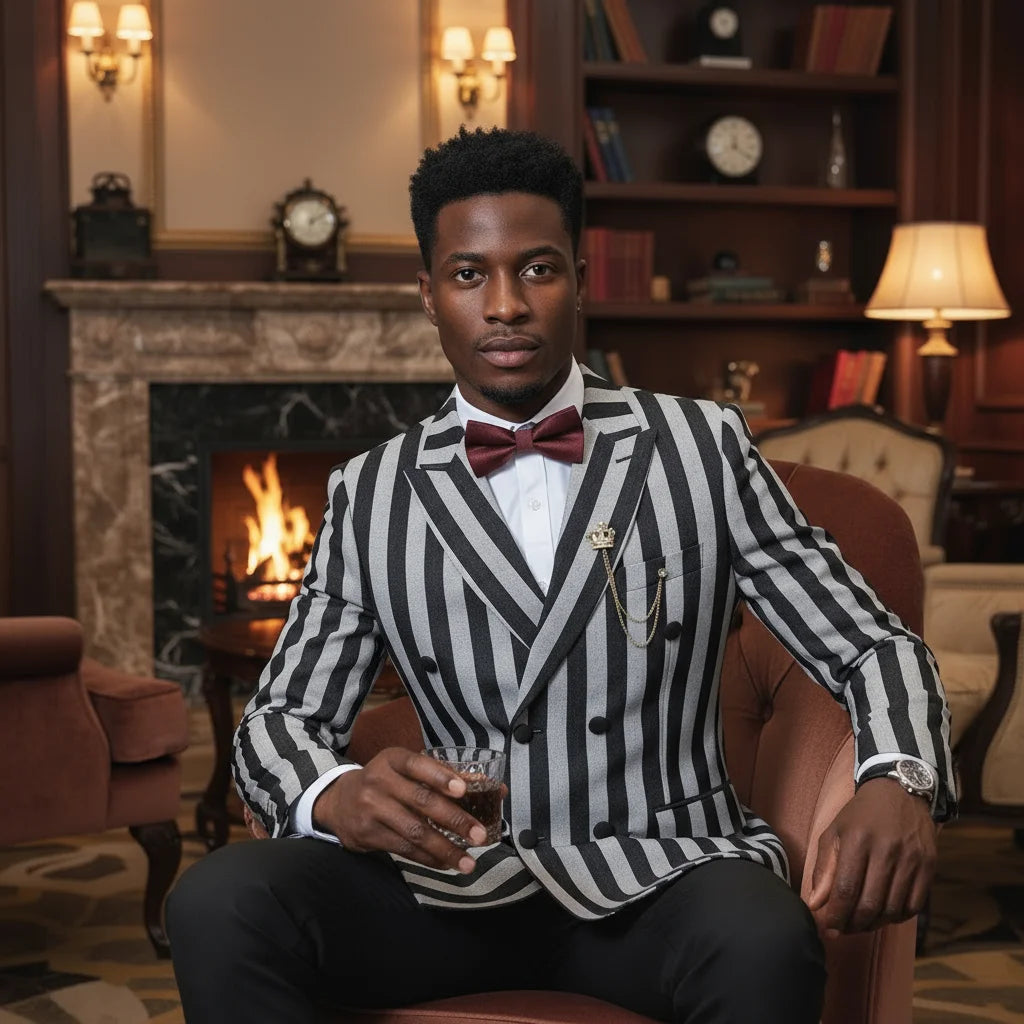 ST Cassy Men's Suits Fashion striped evening gown Double Breasted Slim Fit 2 Piece Jacket Pants